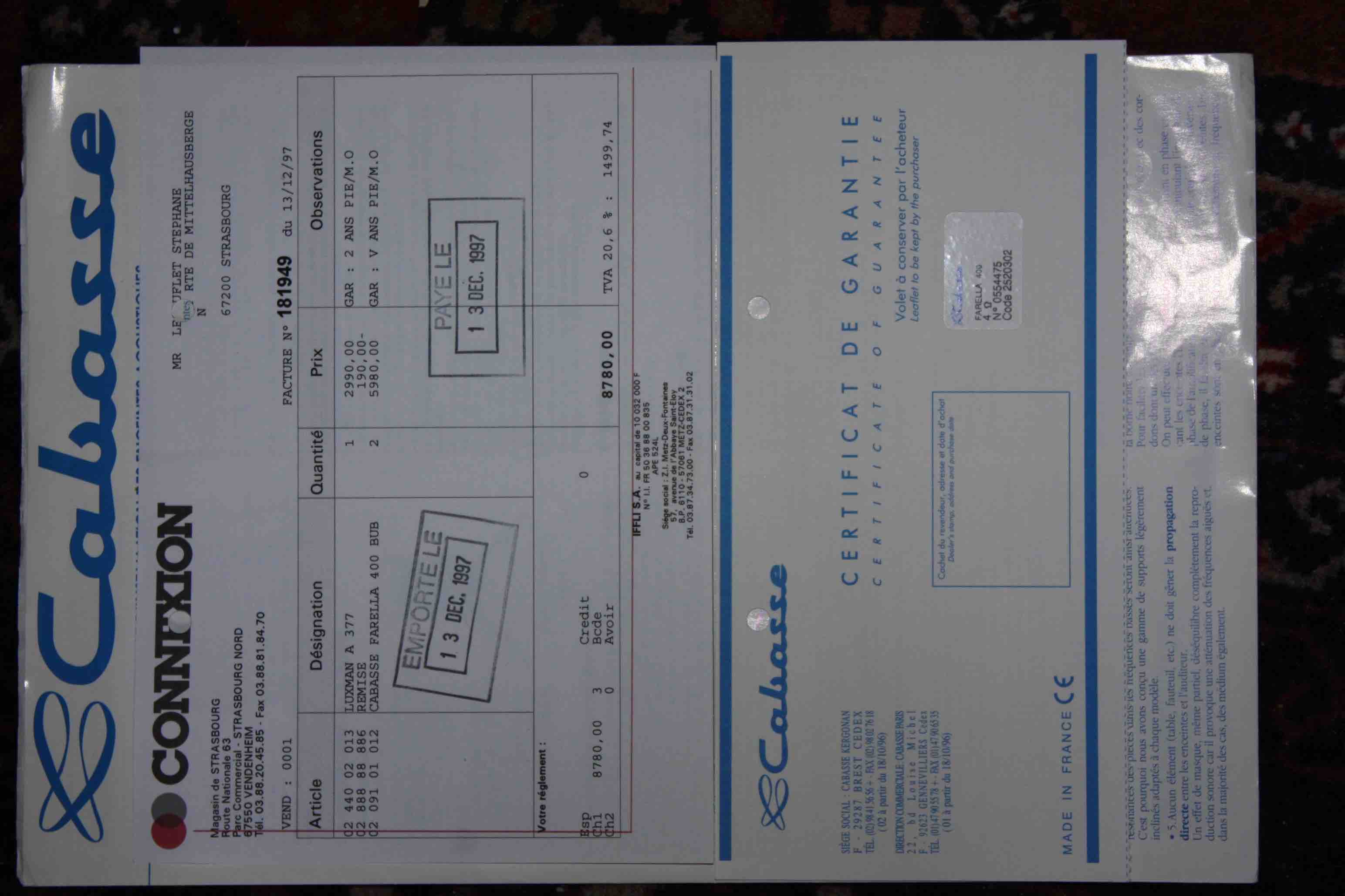Facture et certificat